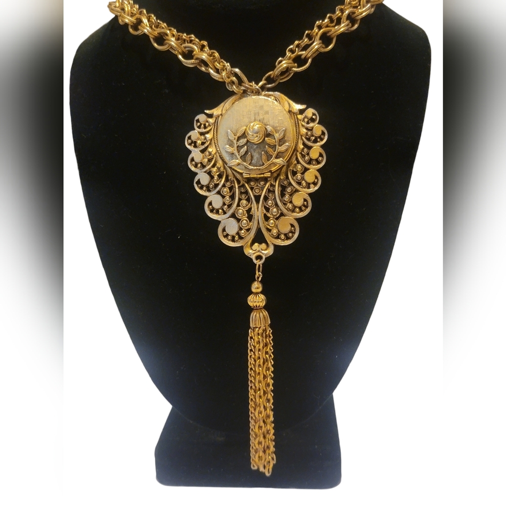 24" Vintage Double Strand Necklace w/Tassles, Brooch, and Locket